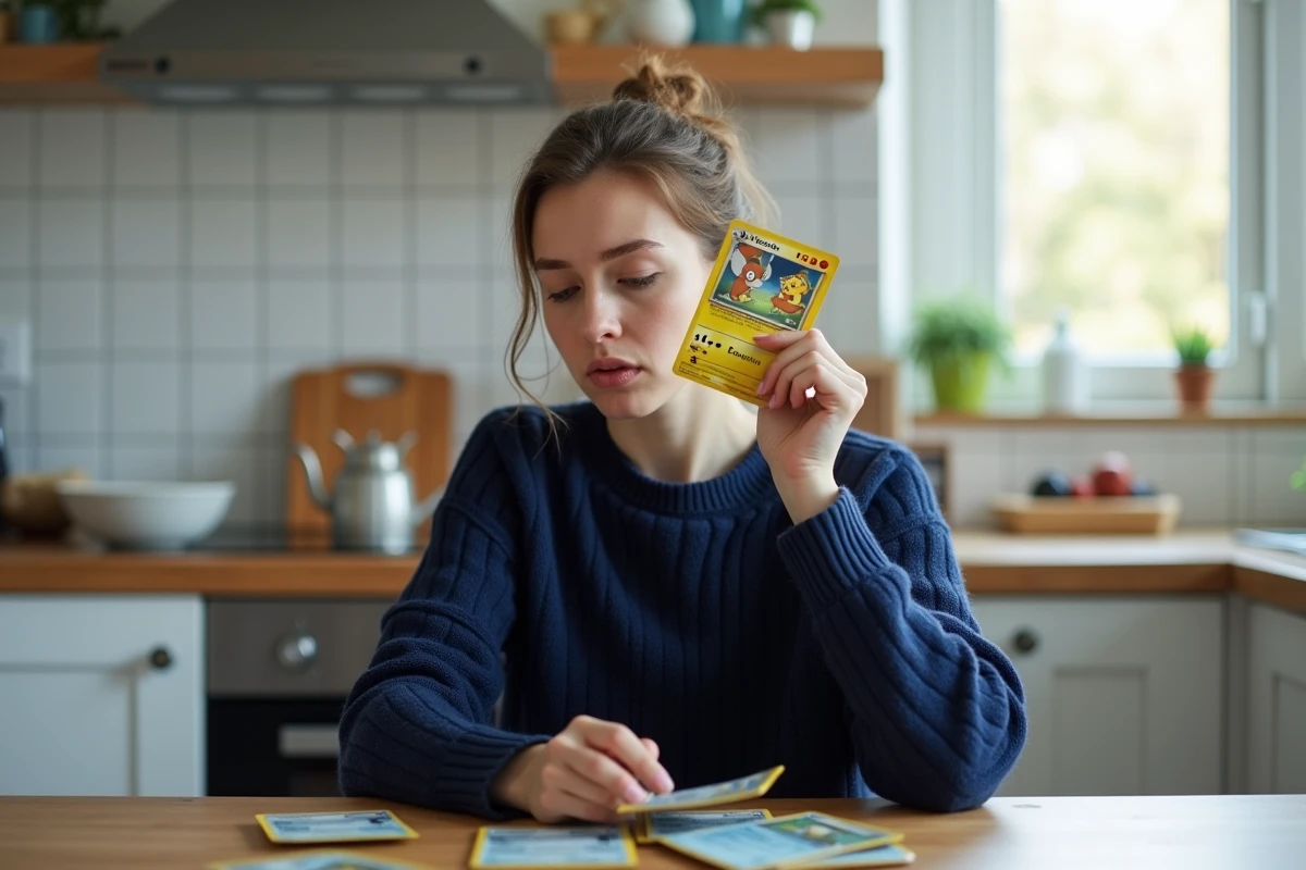 Femme examinant une carte Pokémon pour détecter une contrefaçon achetée sur un site en ligne