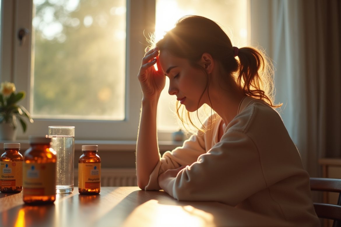 Jeune femme pensif près d'une fenêtre avec vitamines