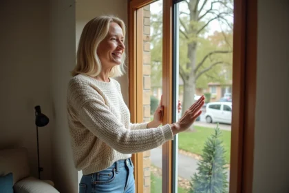 Femme souriante inspectant une double vitrage dans son salon