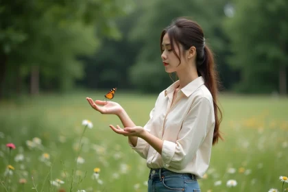 Jeune femme avec papillon dans un champ vert