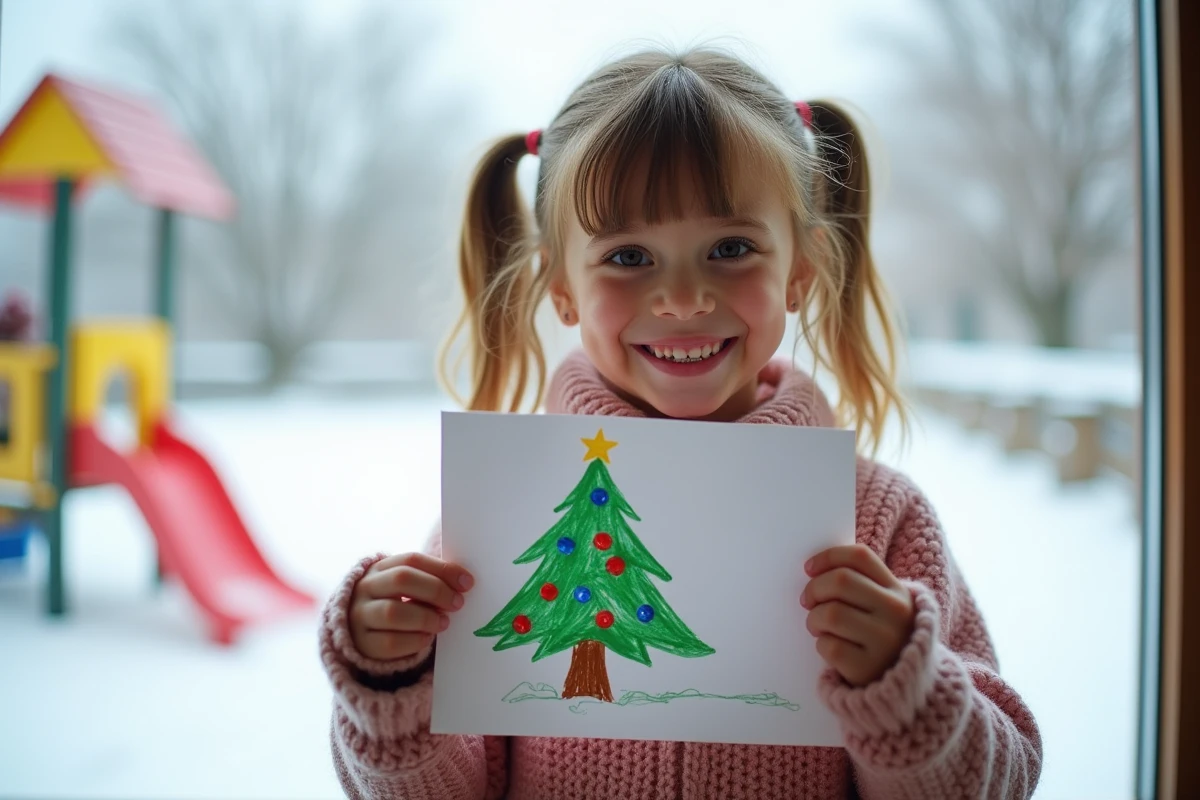 Jeune fille fière montrant son dessin de Noël devant une fenêtre enneigee
