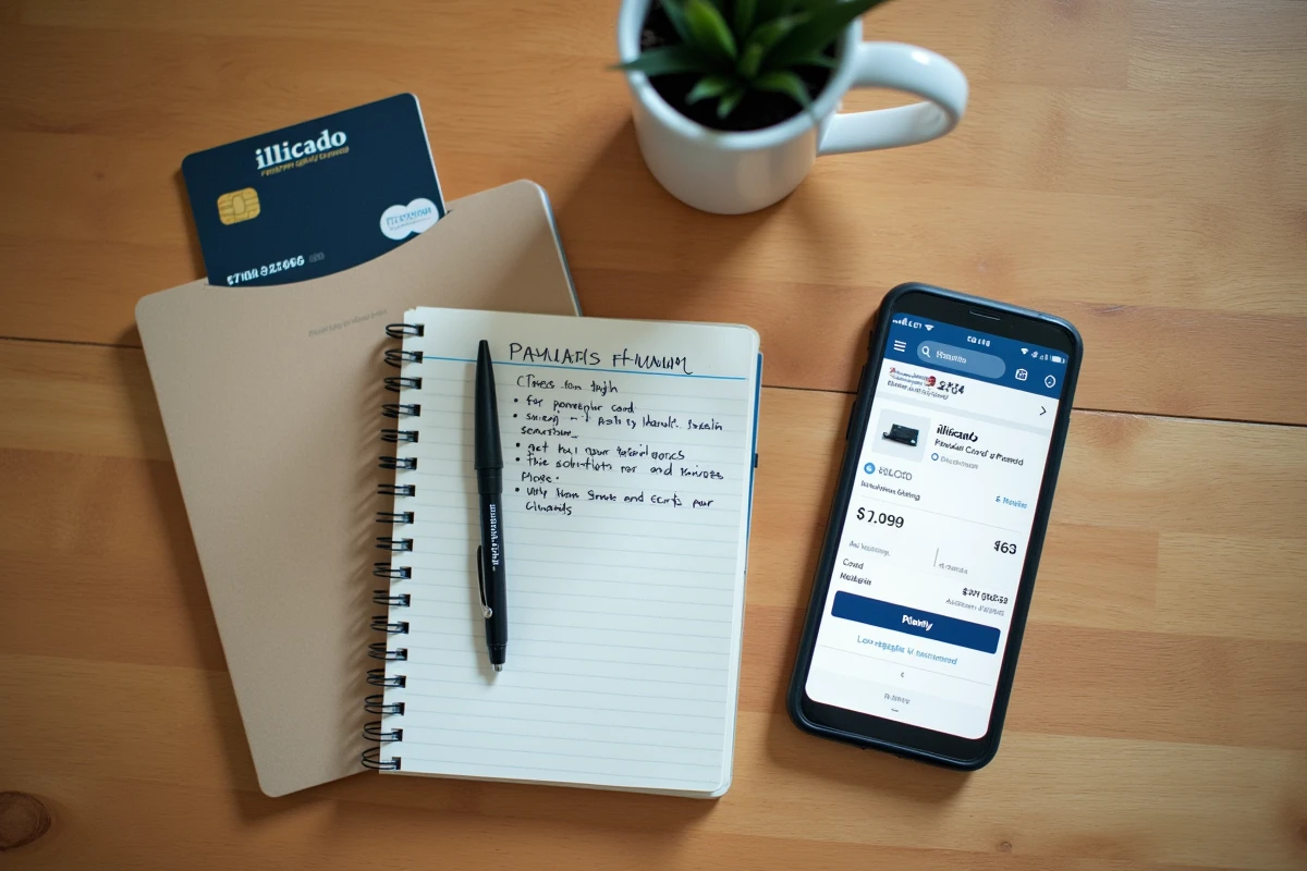 Vue aérienne d'une carte illicado, d'une carte bancaire et d'un smartphone affichant Amazon sur une table en bois, illustrant les options de paiement complémentaires