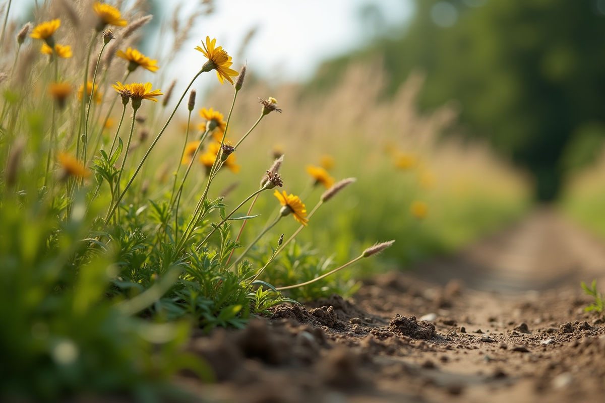 Fleurs fanées et sol humide à côté de plantes saines
