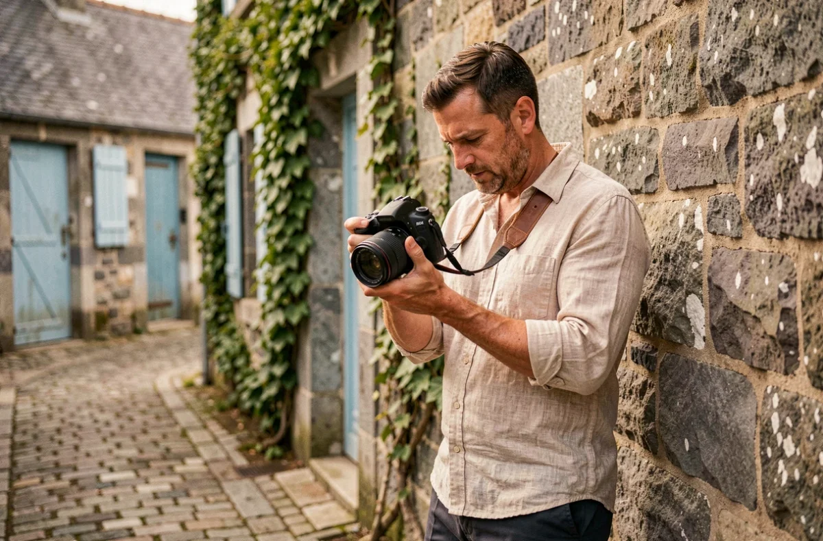 Fred Hermand, photographe professionnel, consultant son appareil photo devant un mur en granit breton dans un village des Côtes-d'Armor