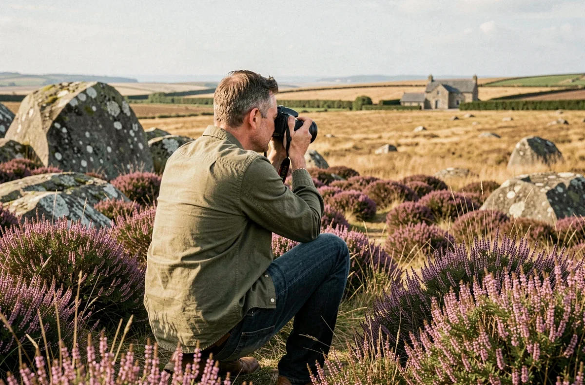Galey Photo, photographe accroupi dans la lande bretonne en fleur, photographiant le paysage des Côtes-d'Armor avec son reflex