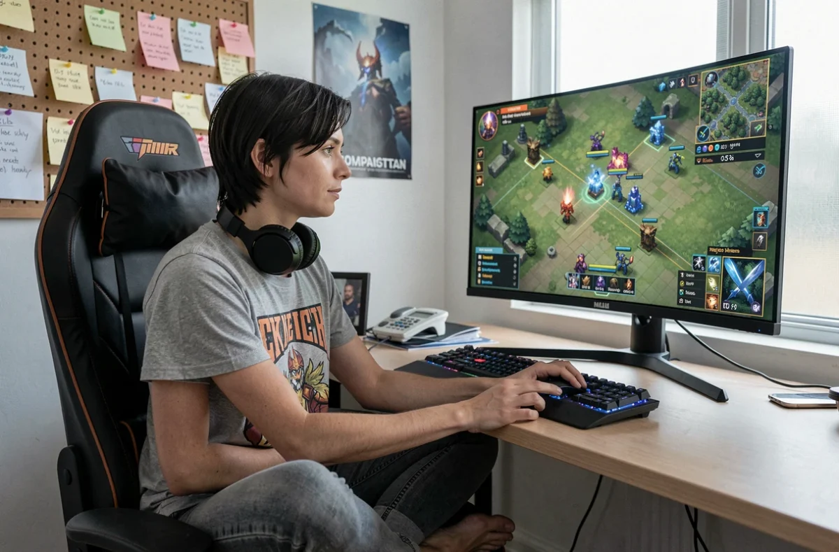 Gameuse analyste en pleine partie midlane sur League of Legends, stratégie de contrôle de vague en solo queue