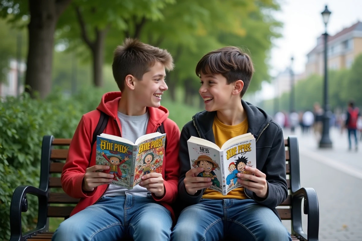 Deux adolescents discutent de mangas One Piece en plusieurs langues