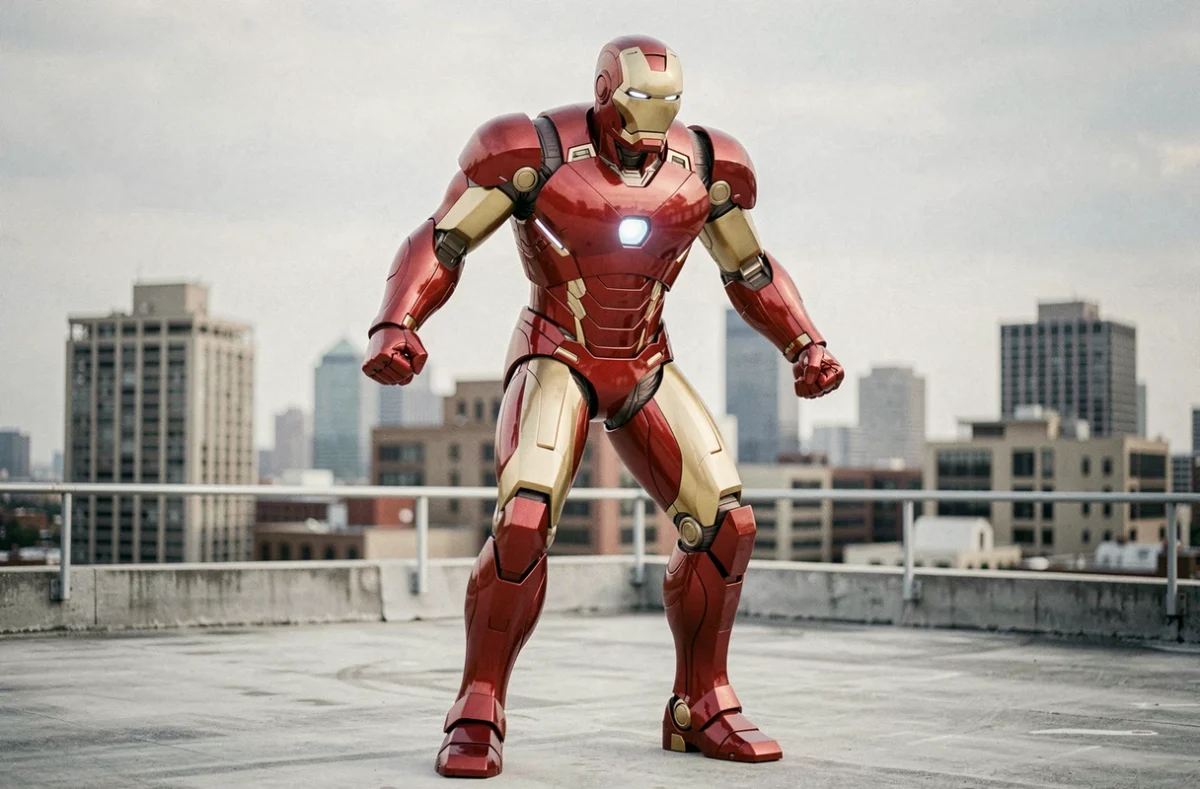 Grande statue Iron Man résine rouge et or posée sur une terrasse urbaine avec vue sur la ville en arrière-plan flou