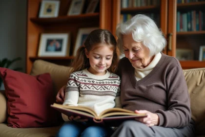 Jeune fille et grand-mère regardant un album photo familial
