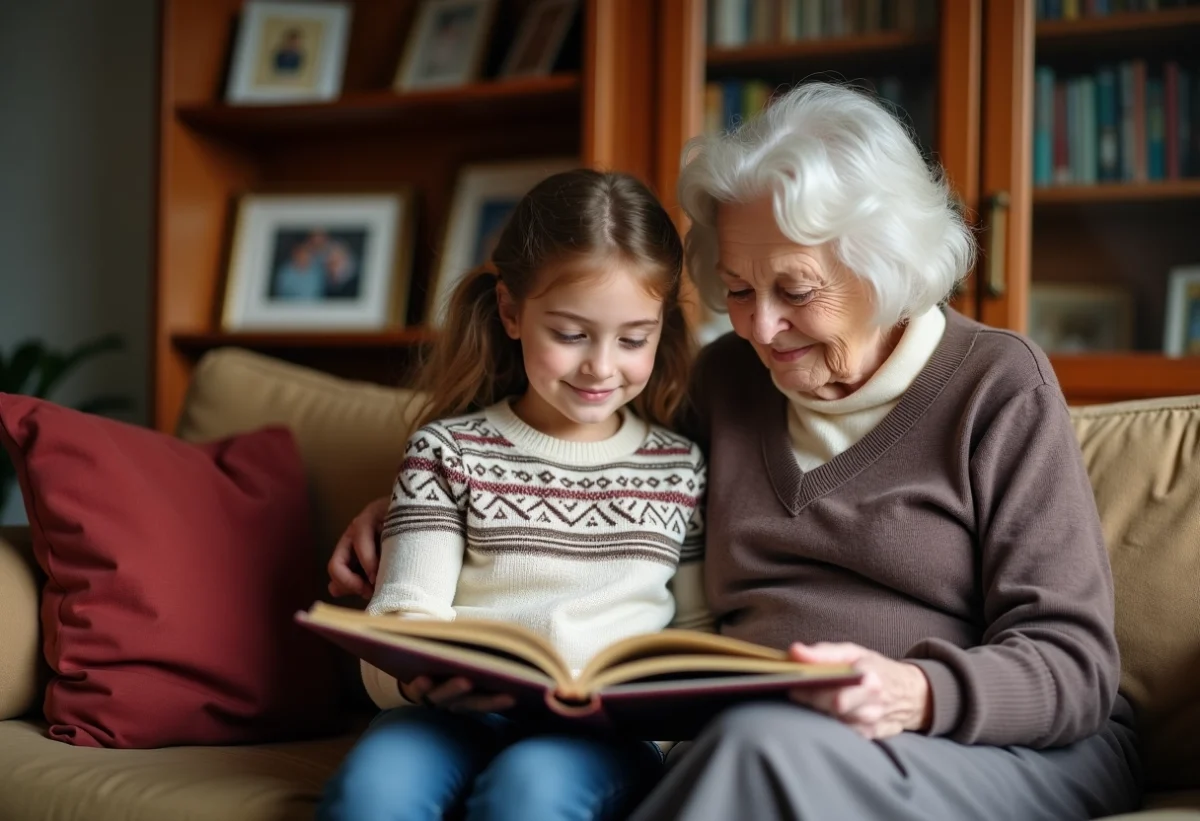 Jeune fille et grand-mère regardant un album photo familial
