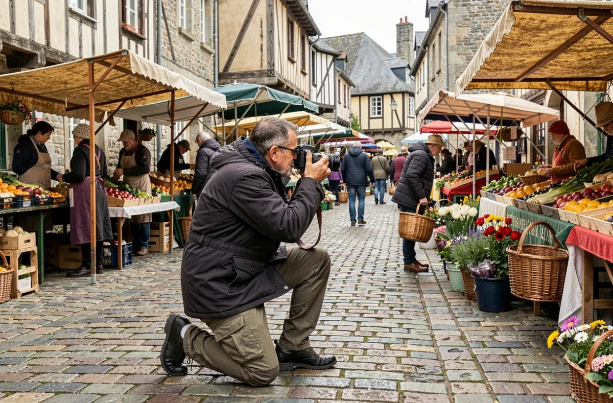 Grégory Udron - UP STORIES, photographe reporter, en action au marché traditionnel de Saint-Brieuc dans les Côtes-d'Armor