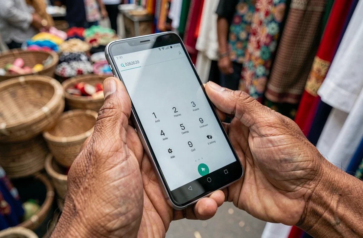 Gros plan sur des mains composant un numéro mahorais avec l'indicatif 0262639 sur un smartphone