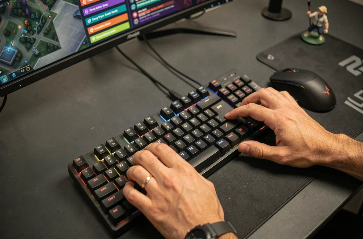 Gros plan sur les mains d'un joueur en pleine action sur clavier mécanique et souris gaming en solo queue LoL