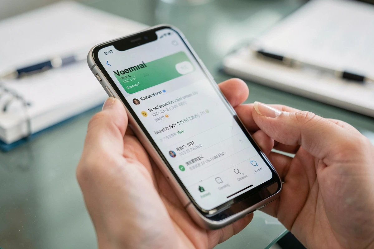 Gros plan sur un smartphone affichant une interface de messagerie vocale Free posé sur un bureau en verre professionnel