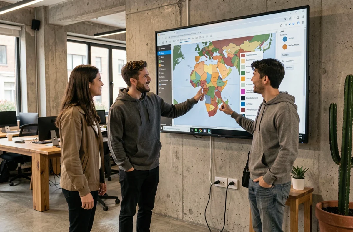Groupe de personnes devant un écran interactif affichant une carte des pays hispanophones avec niveaux de langue