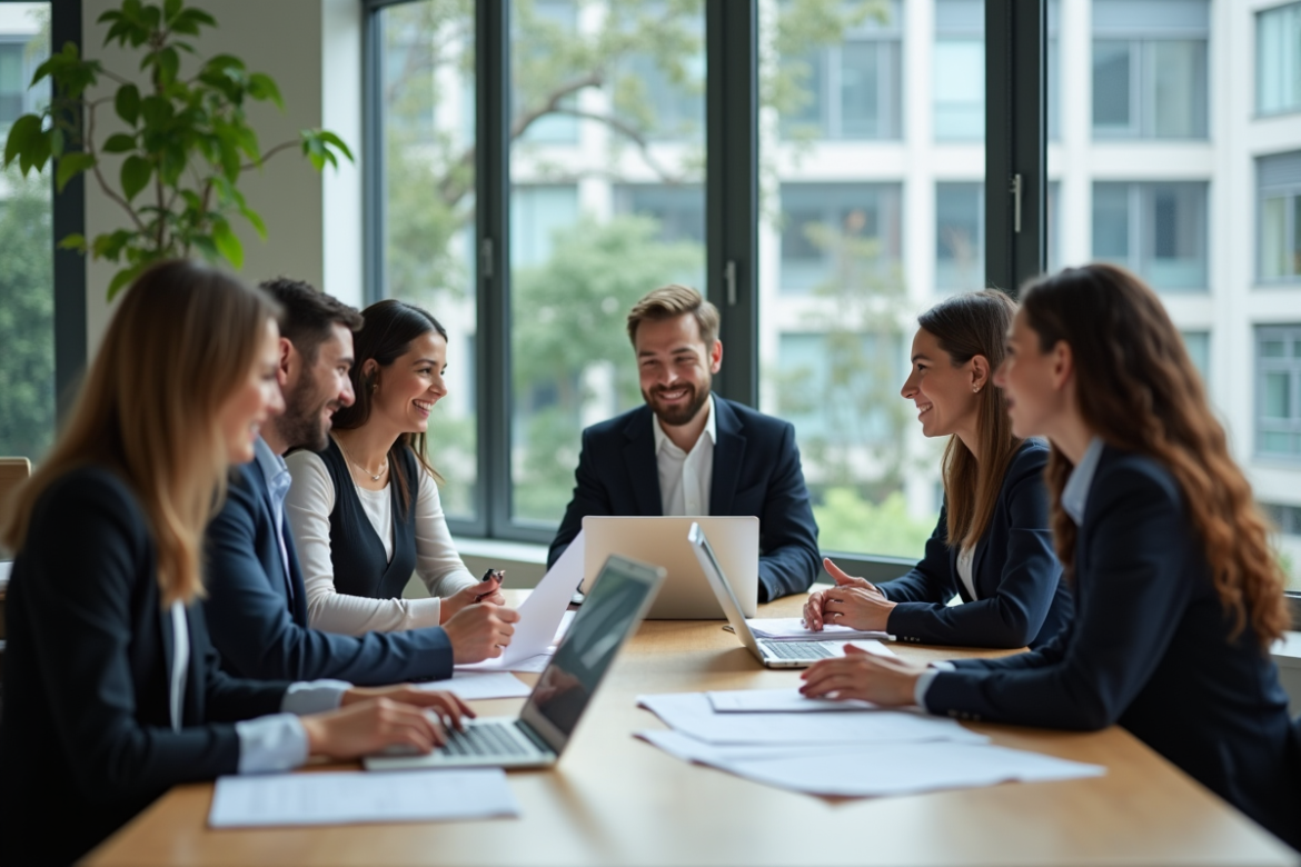 Groupe d'internes souriants dans un bureau moderne