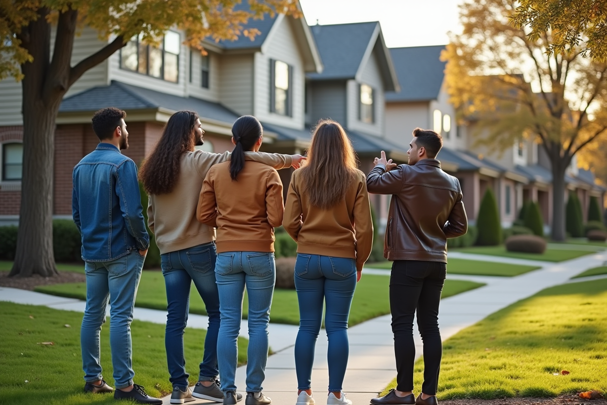 Jeunes adultes discutent devant des maisons de banlieue