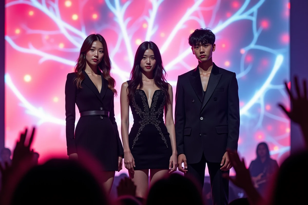 Groupe K-pop de trois membres en costumes noirs sur scène devant un écran LED lors d'un concert en arène