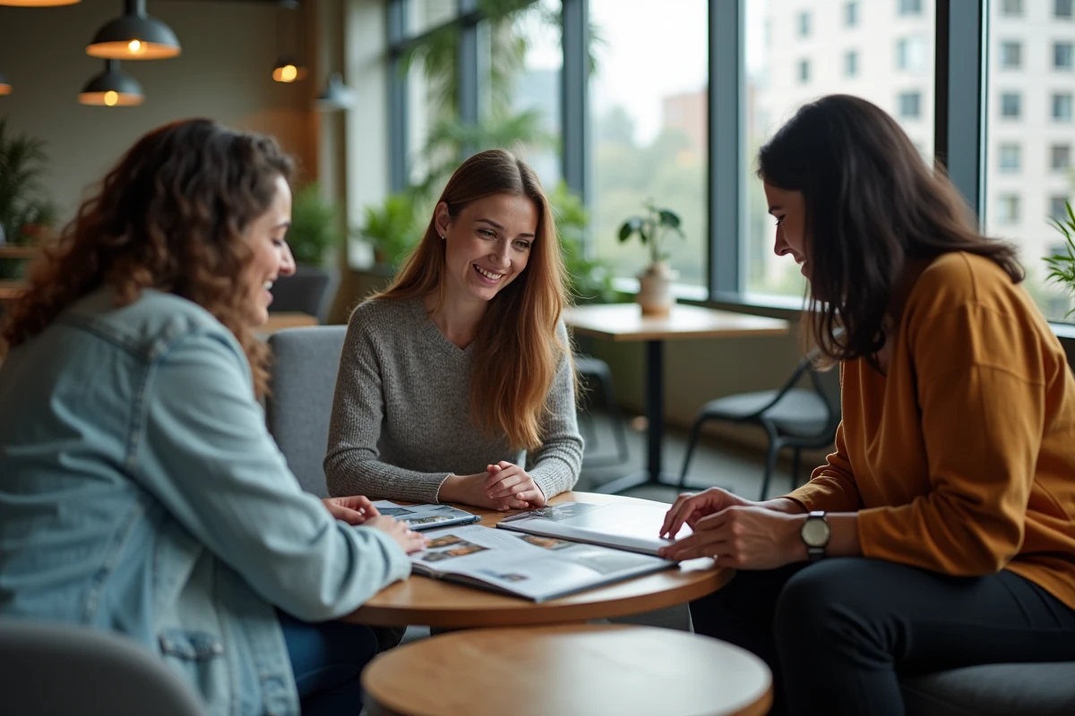 Groupe de lecteurs engagés dans une discussion autour d'un magazine dans un espace de coworking moderne