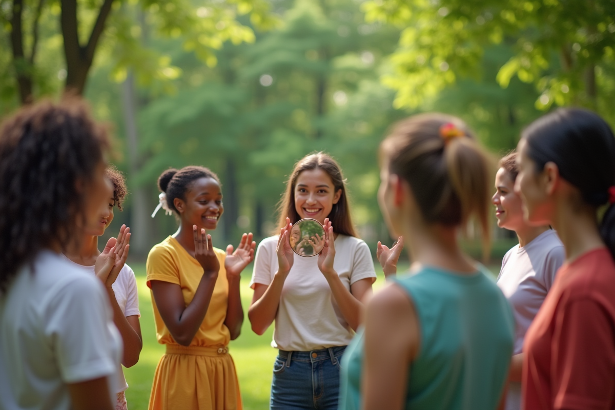 Groupe de personnes dans un parc se regardant dans un miroir