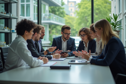 Groupe de scientifiques dans un laboratoire moderne et dynamique