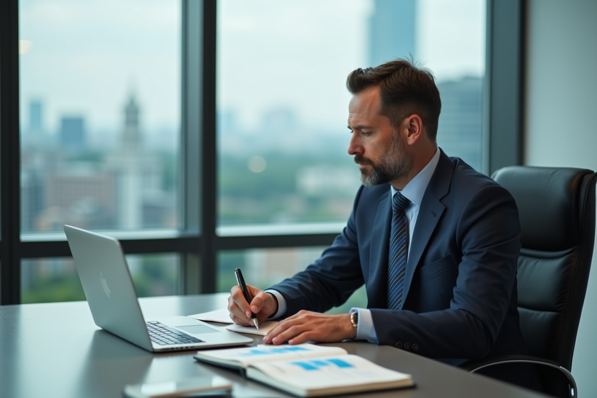 Homme d'affaires en costume dans un bureau moderne analysant des graphiques financiers