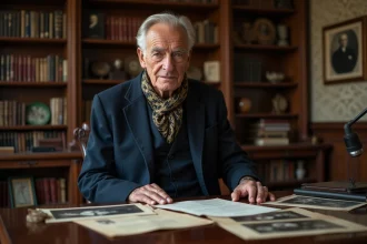 Homme agee en costume navy dans un bureau ancien