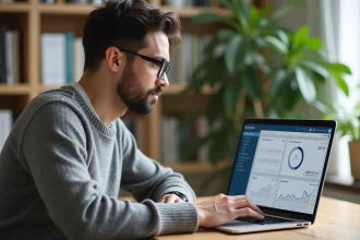 Homme en sweater regardant un tableau de bord analytique