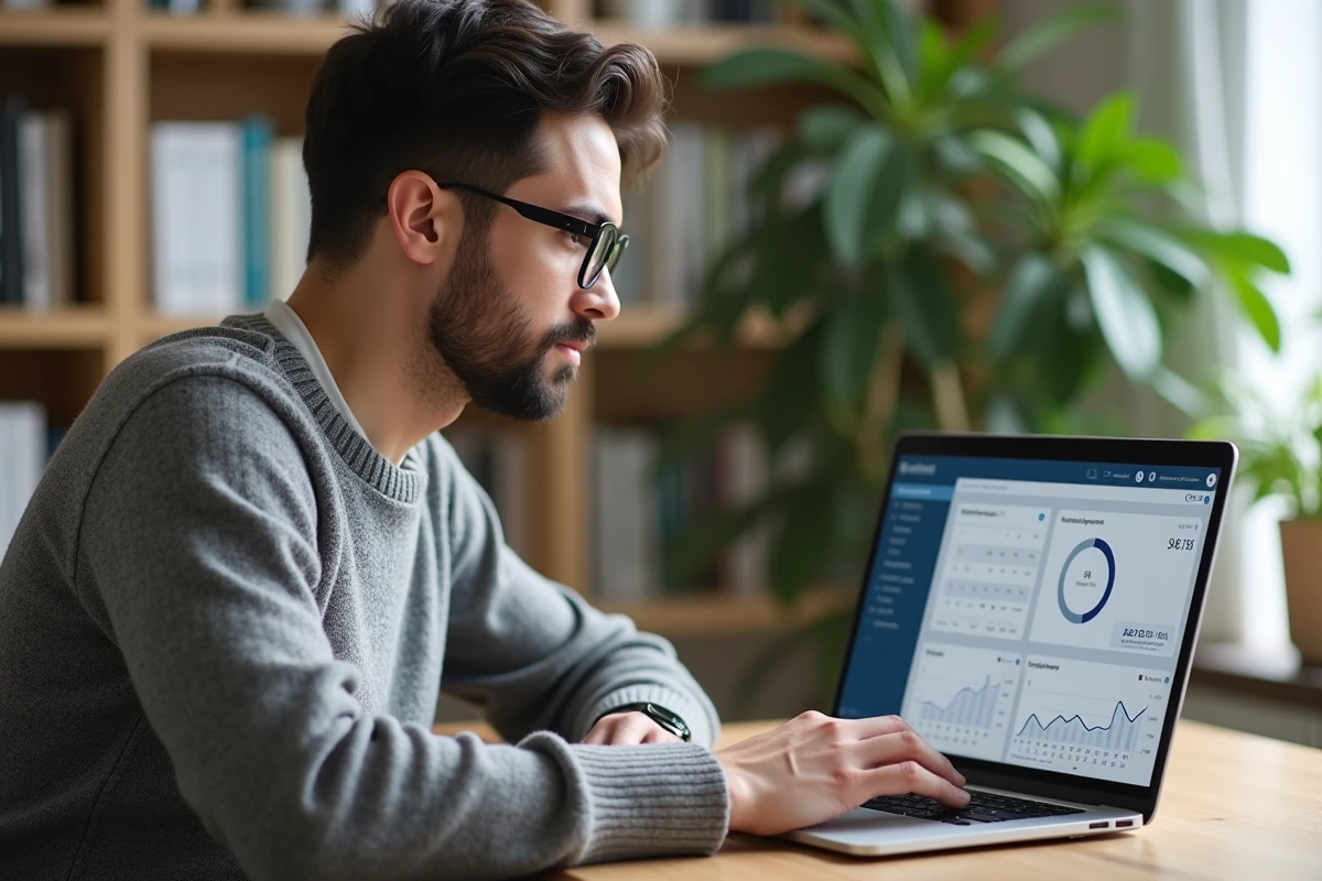 Homme en sweater regardant un tableau de bord analytique
