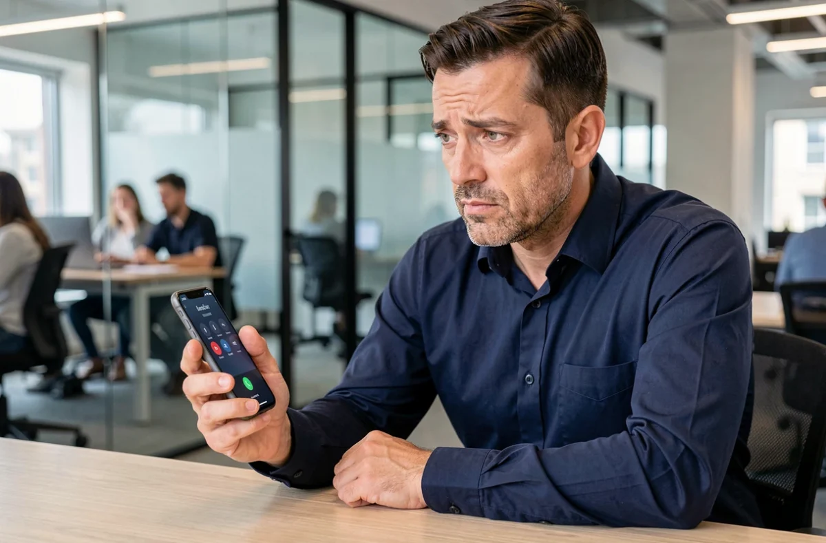 Homme au bureau regardant l'écran de son smartphone pendant un appel, cherchant à comprendre la signification du terme 'audiodisplayed'