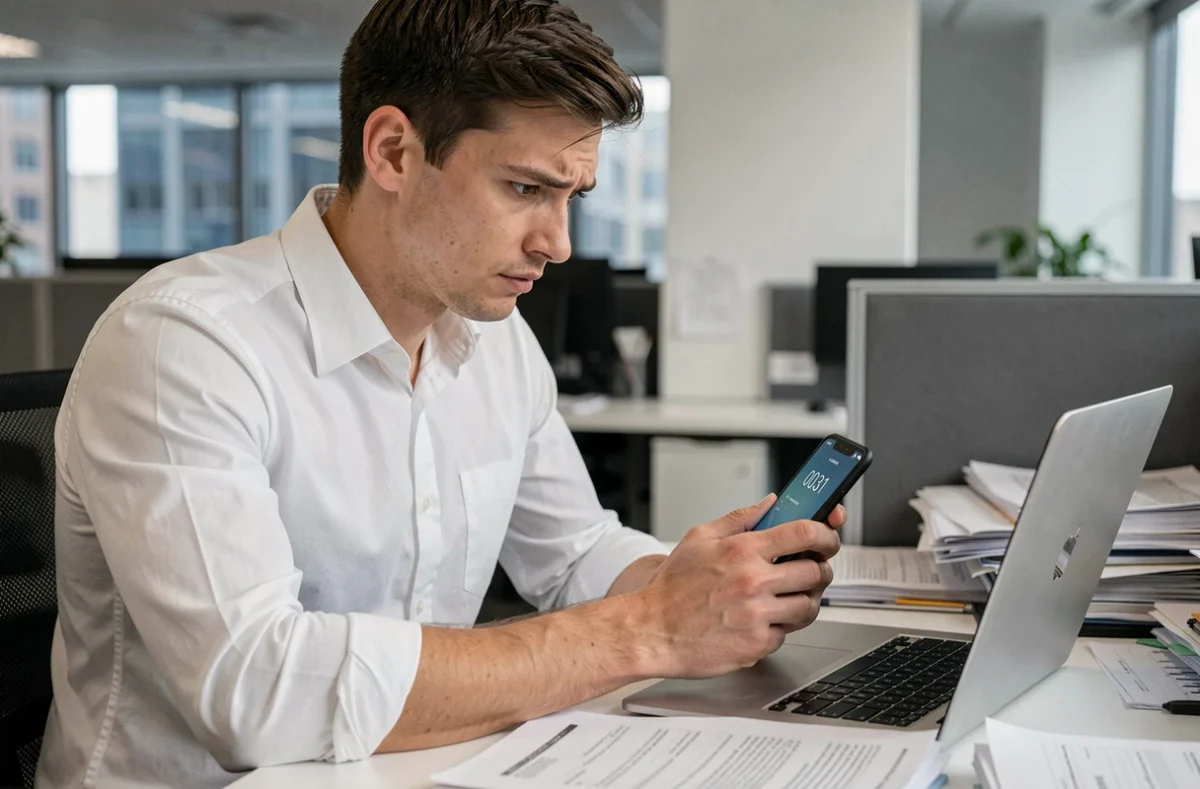 Homme en bureau regardant un smartphone avec un numéro inconnu en 0031 affiché à l'écran
