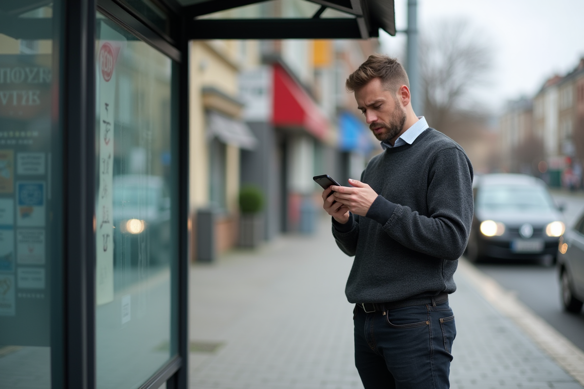 Homme regardant ses relevés bancaires au arrêt de bus en ville
