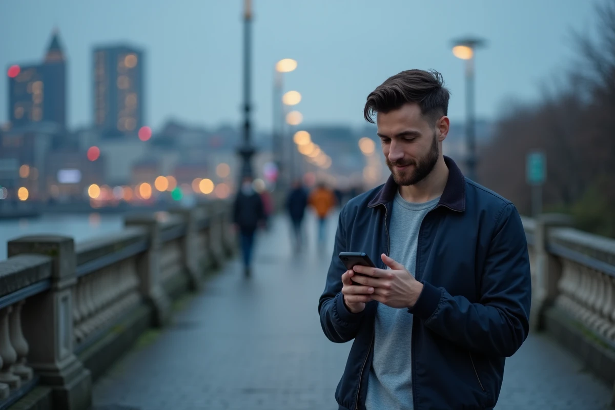 Homme célibataire souriant à son téléphone sur un pont urbain au crépuscule, illustrant le signe 18h18 et l'espoir d'une rencontre imminente