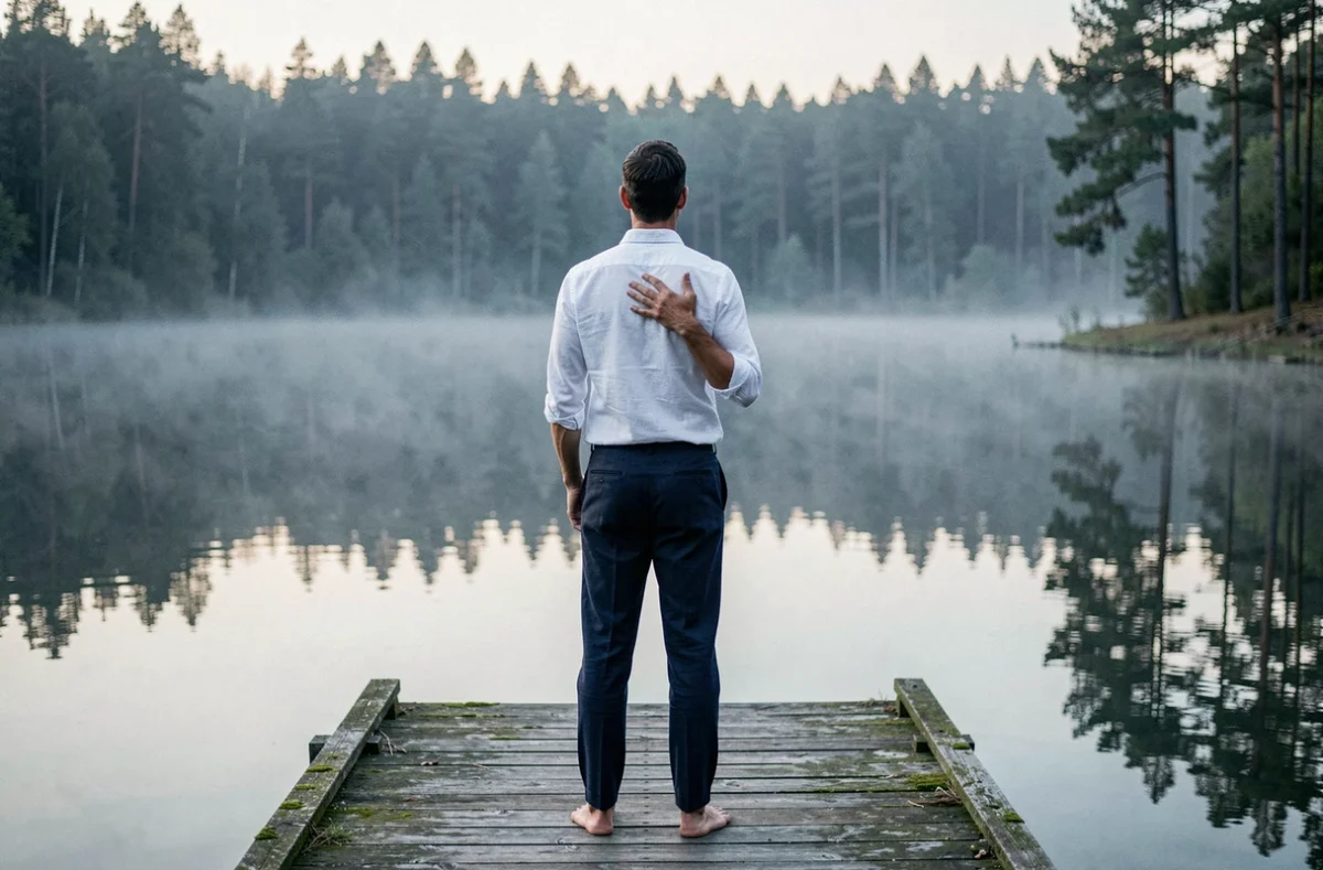 Homme debout sur un ponton au bord d'un lac brumeux, posture contemplative pour se libérer d'une connexion karmique intense, exercice de lâcher-prise spirituel