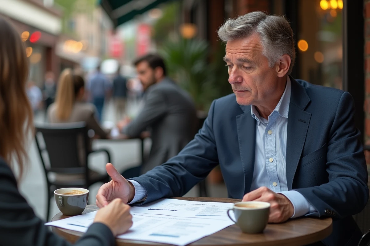 Homme en discussion de franchise au cafe en plein air