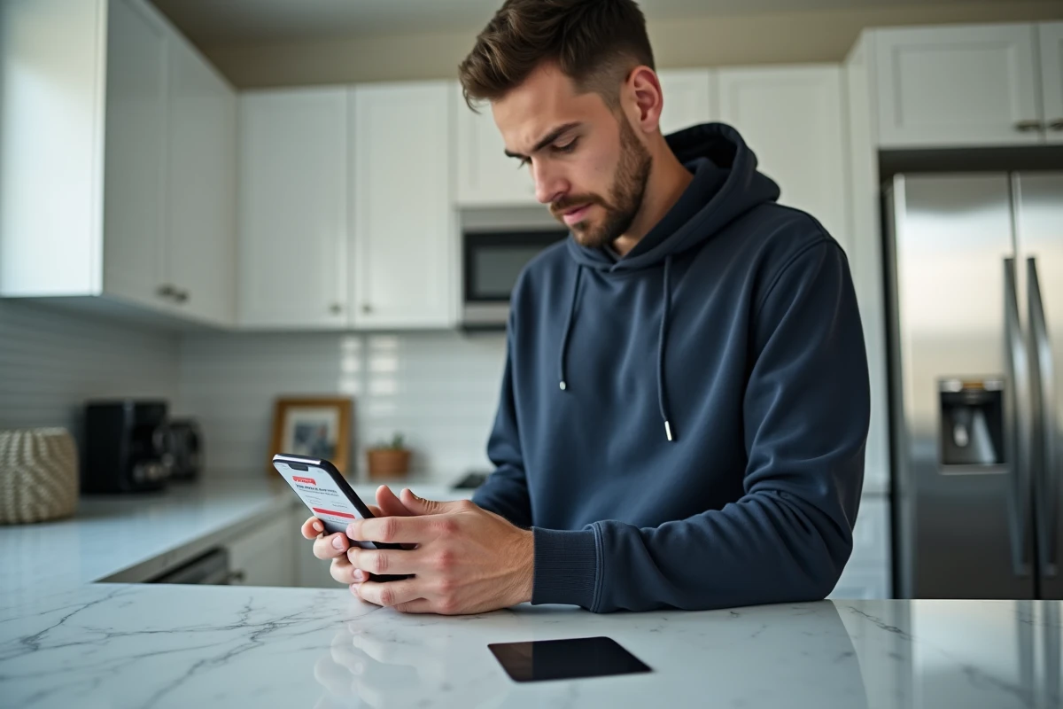 Homme consultant son smartphone avec une erreur de paiement Amazon à côté d'une carte illicado posée sur un comptoir de cuisine