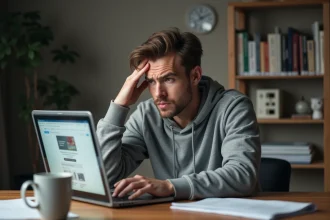 Homme frustré devant son ordinateur après une mauvaise expérience d'achat de cartes Pokémon en ligne