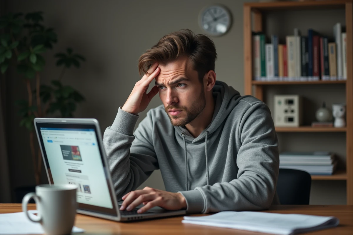 Homme frustré devant son ordinateur après une mauvaise expérience d'achat de cartes Pokémon en ligne
