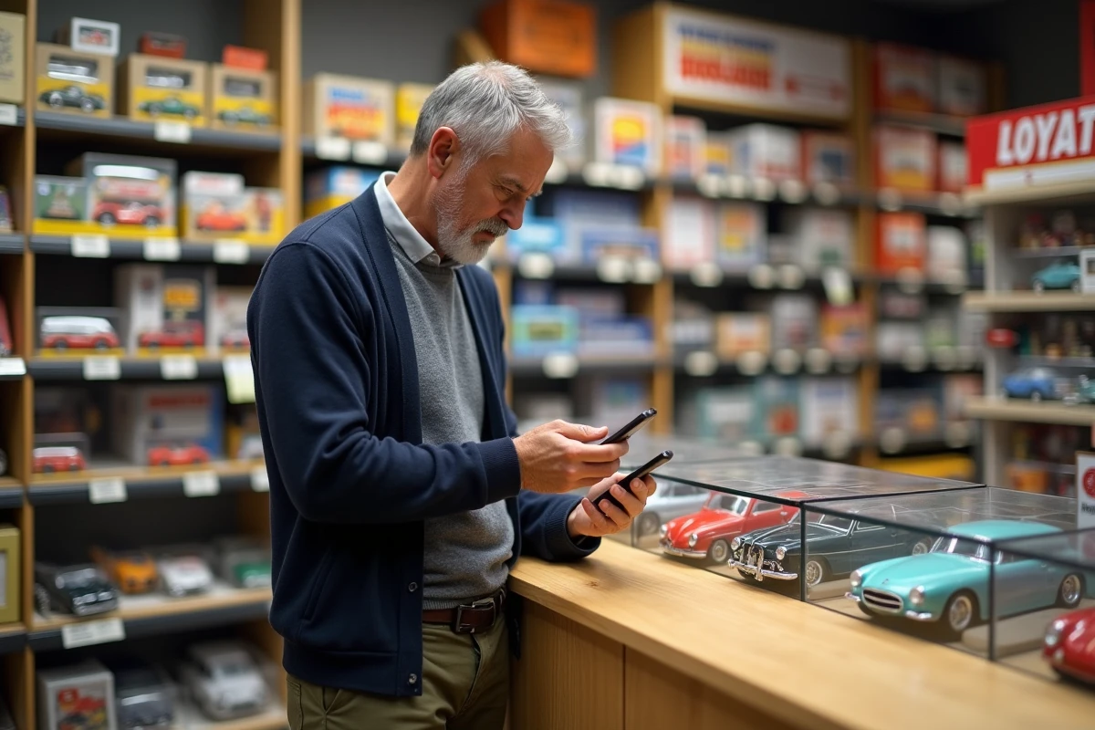 Homme regardant des voitures de collection dans un magasin de hobbies