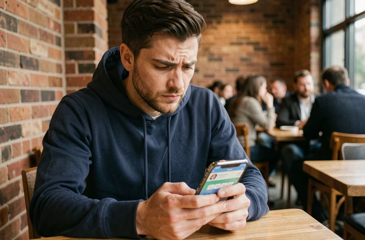 Homme jouant à un jeu de devinettes de mots sur smartphone dans un café urbain, expression concentrée