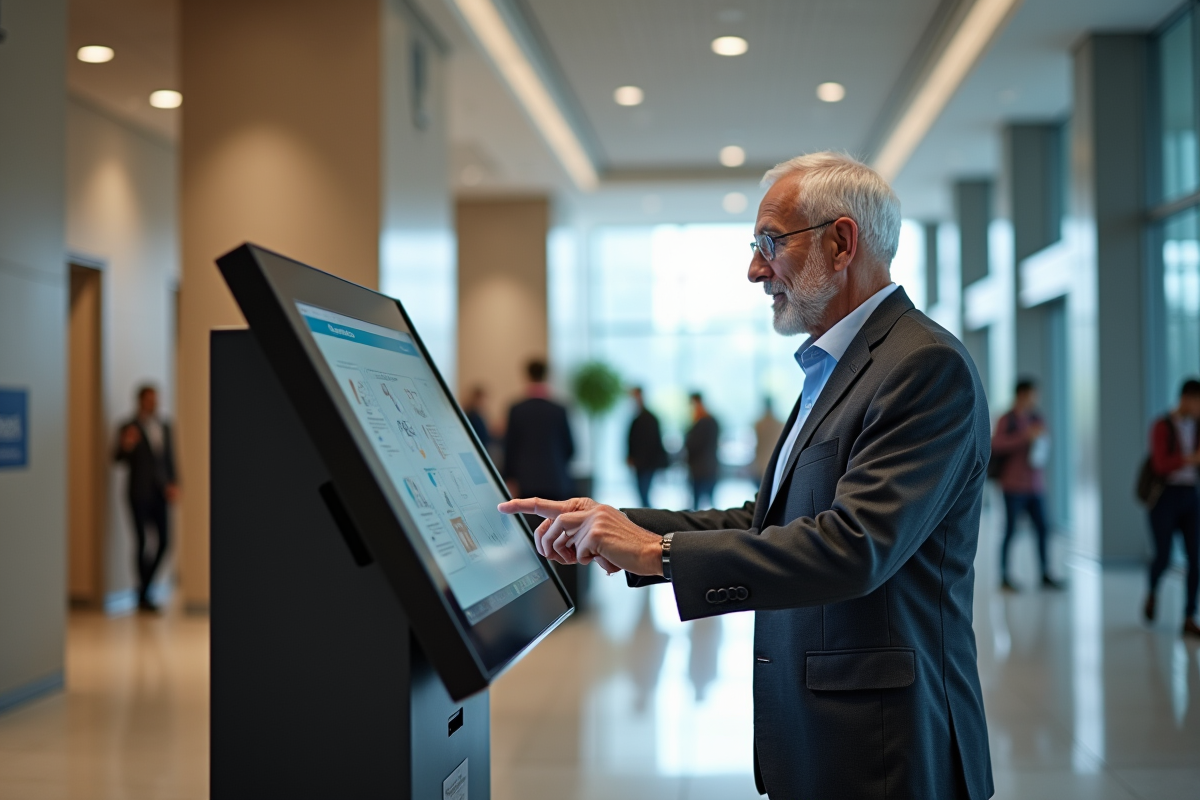 Homme d age engageant une interface tactile dans un hall