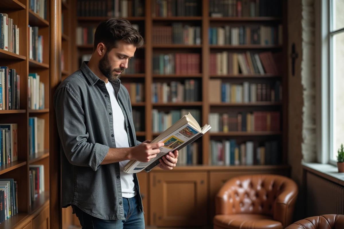 Homme parcourant un magazine dans une bibliothèque personnelle au style parisien authentique