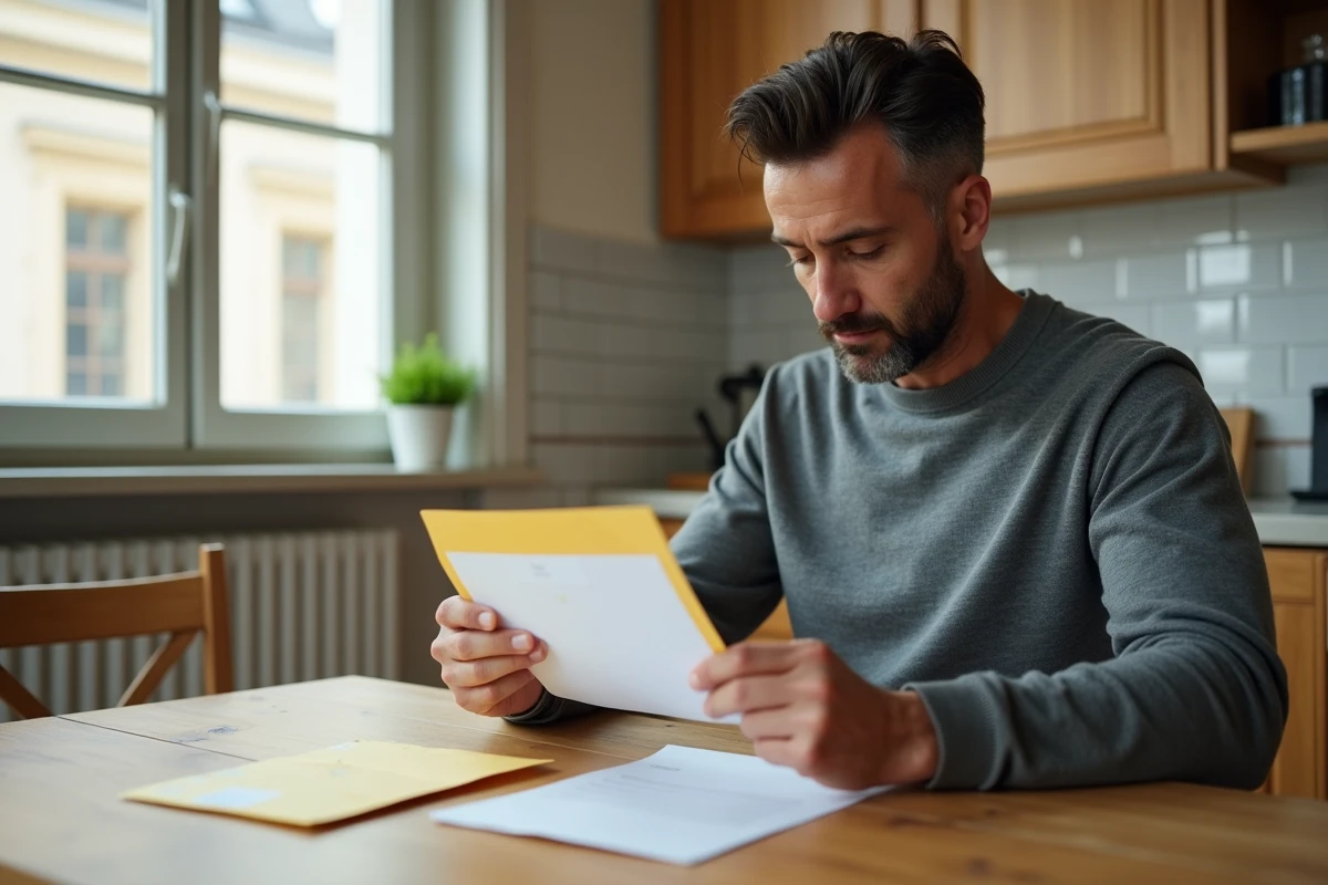 Homme lisant une lettre recommandée administrative 2C à la table de sa cuisine avec l'avis de passage