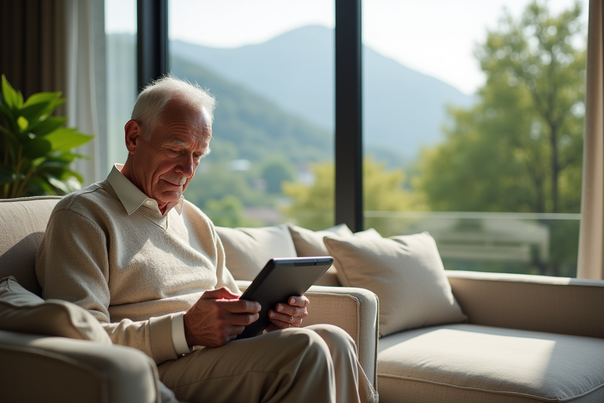 Homme âgé lisant des actualités sur une tablette dans un intérieur moderne