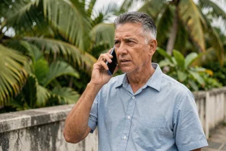Homme mahorais passant un appel téléphonique avec l'indicatif 262 639 à Mayotte