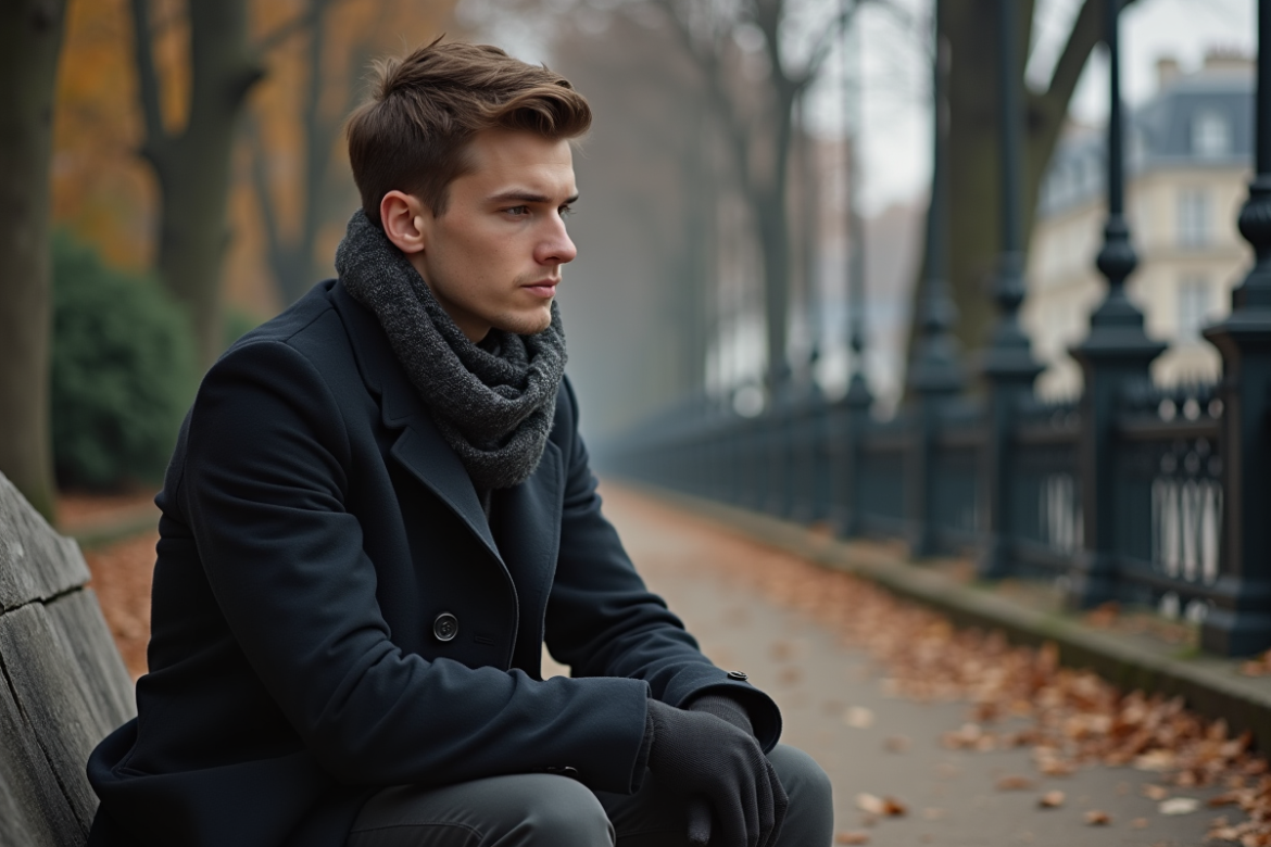 Jeune homme mélancolique dans un parc parisien automnal