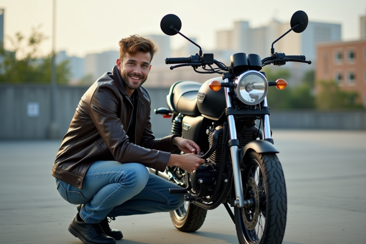 Jeune homme ajustant un miroir sur sa moto en ville