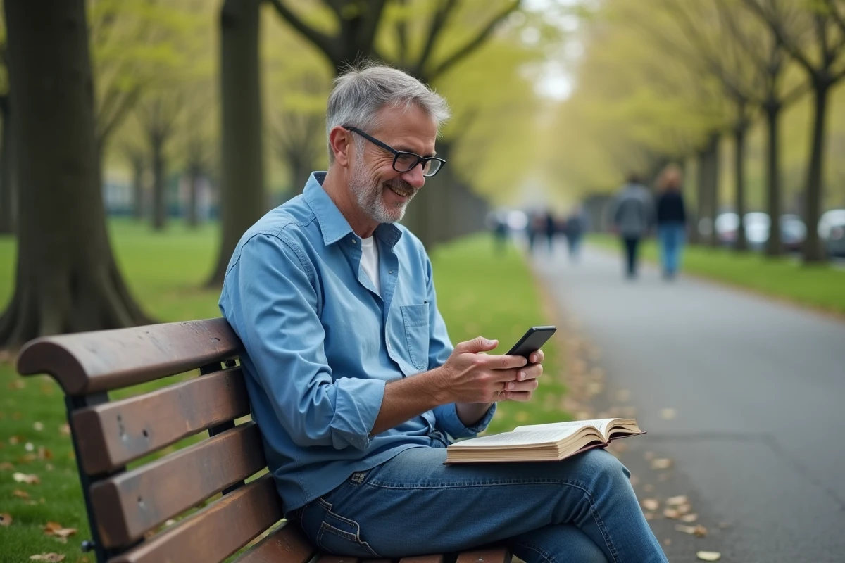 Homme d age moyen sur un banc de parc avec smartphone