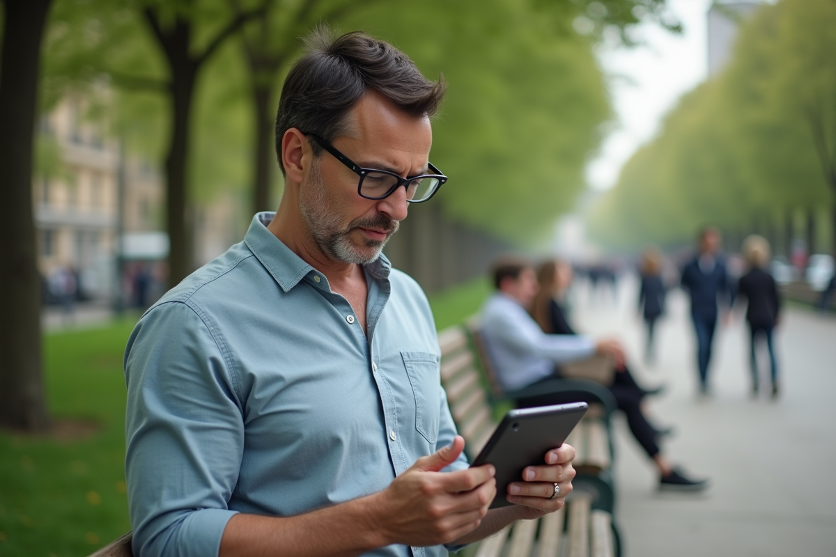 Homme français utilisant une tablette dans un parc urbain