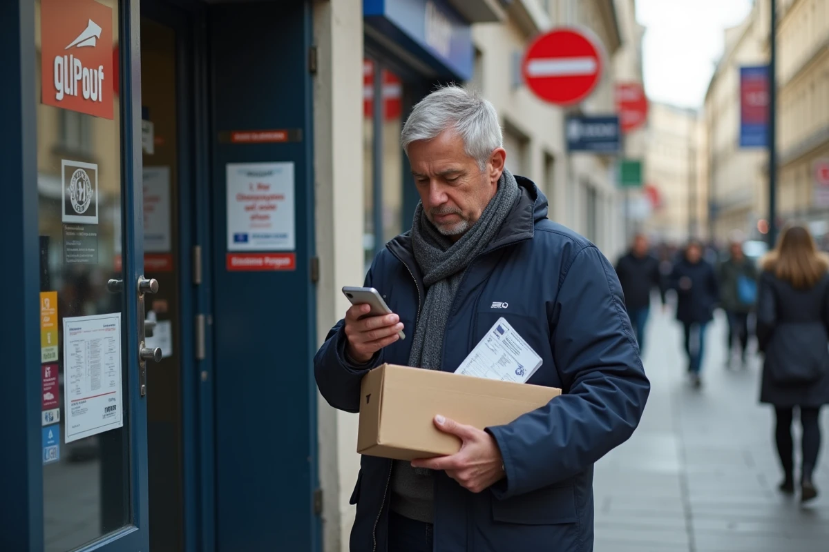 Homme dehors devant un bureau de poste avec colis et retour